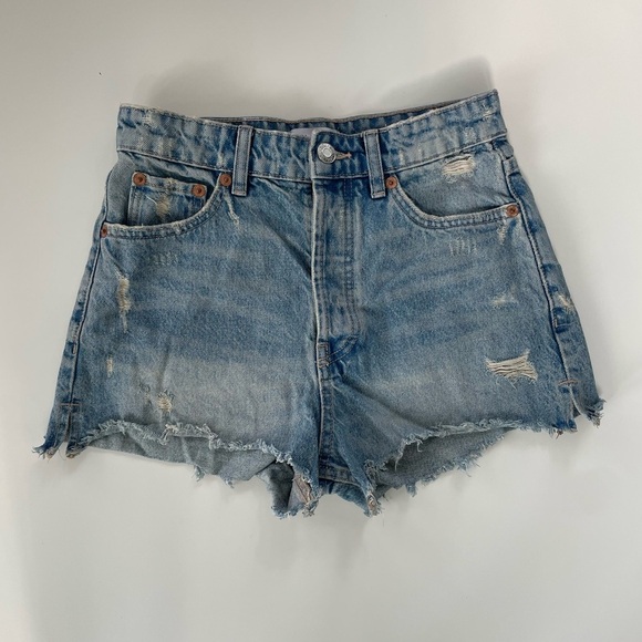 ZARA Women's Distressed Destroyed Button Fly High Rise Denim Shorts Size 4 - Picture 1 of 6